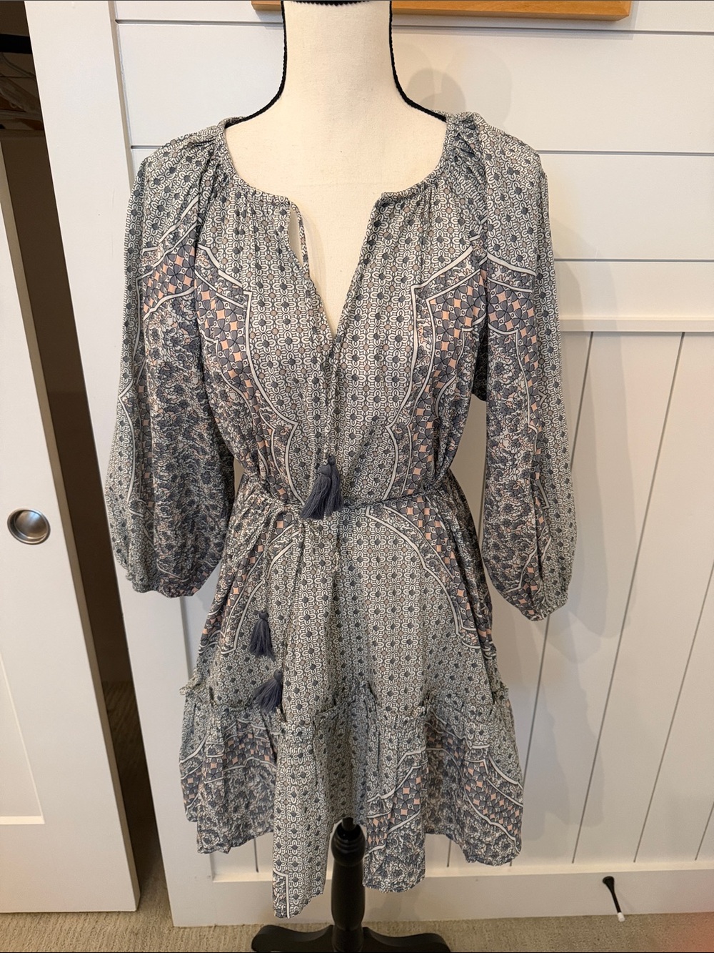Cleobella Boho Tassel Tie Printed Dress in Blue and Cream - S